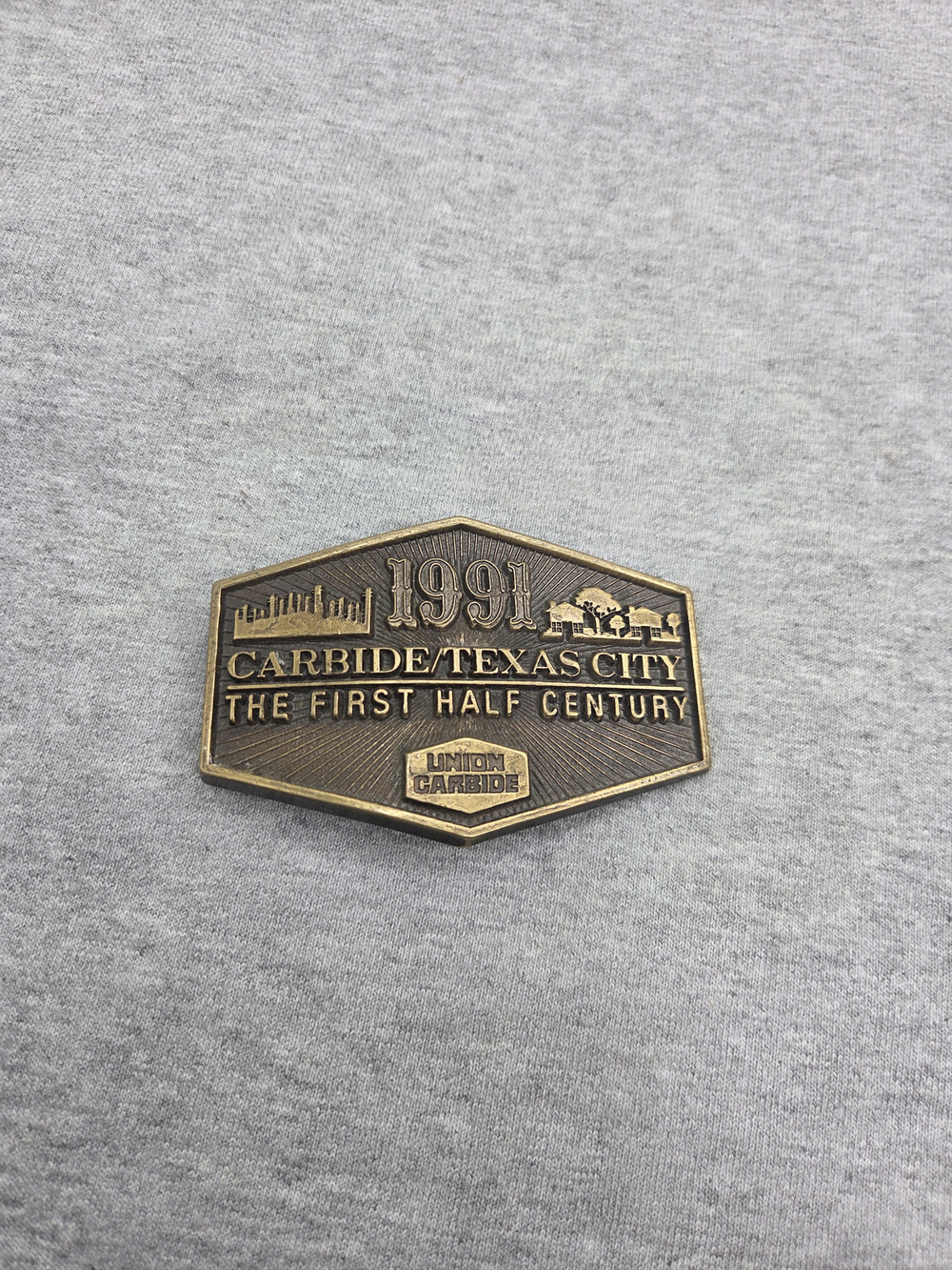 Vintage 1991 Union Carbide Texas City Refinery Solid Brass Belt Buckle